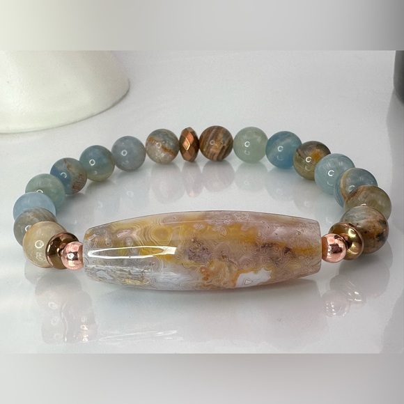 LEMURIAN AQUATINE + OCEAN JASPER NATURAL STONES BRACELET size 8” - Picture 4 of 9